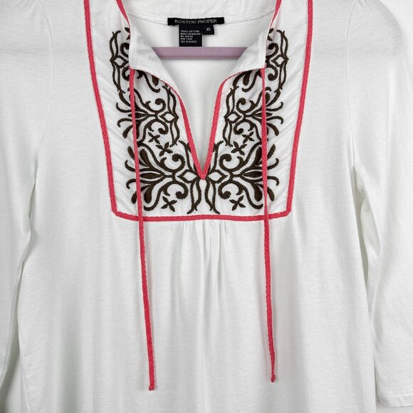 Boston Proper | White Top | Embroidered Tie Blouse | Size XS - Picture 5 of 12